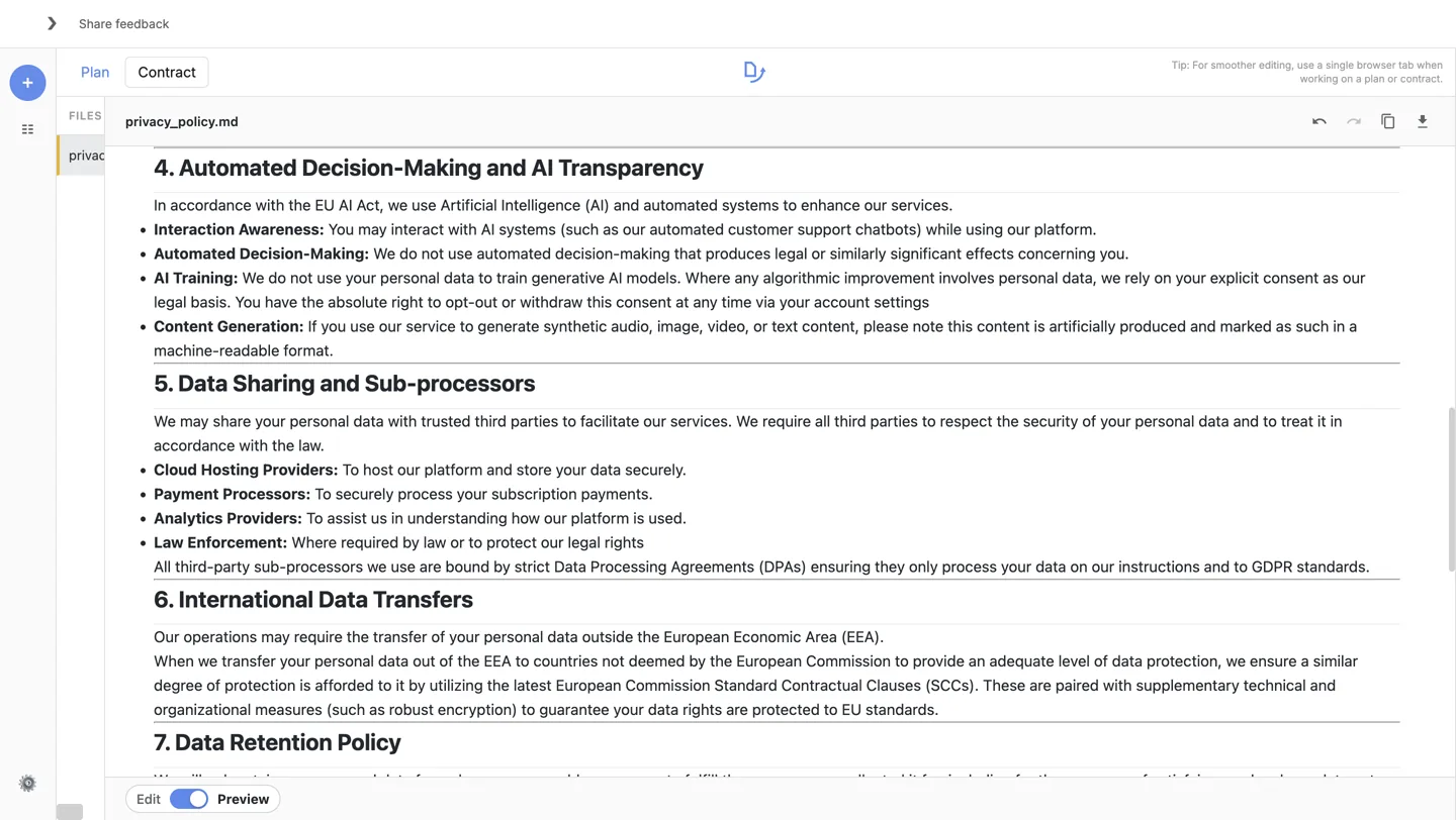 Clean contract preview in February AI before DOCX export