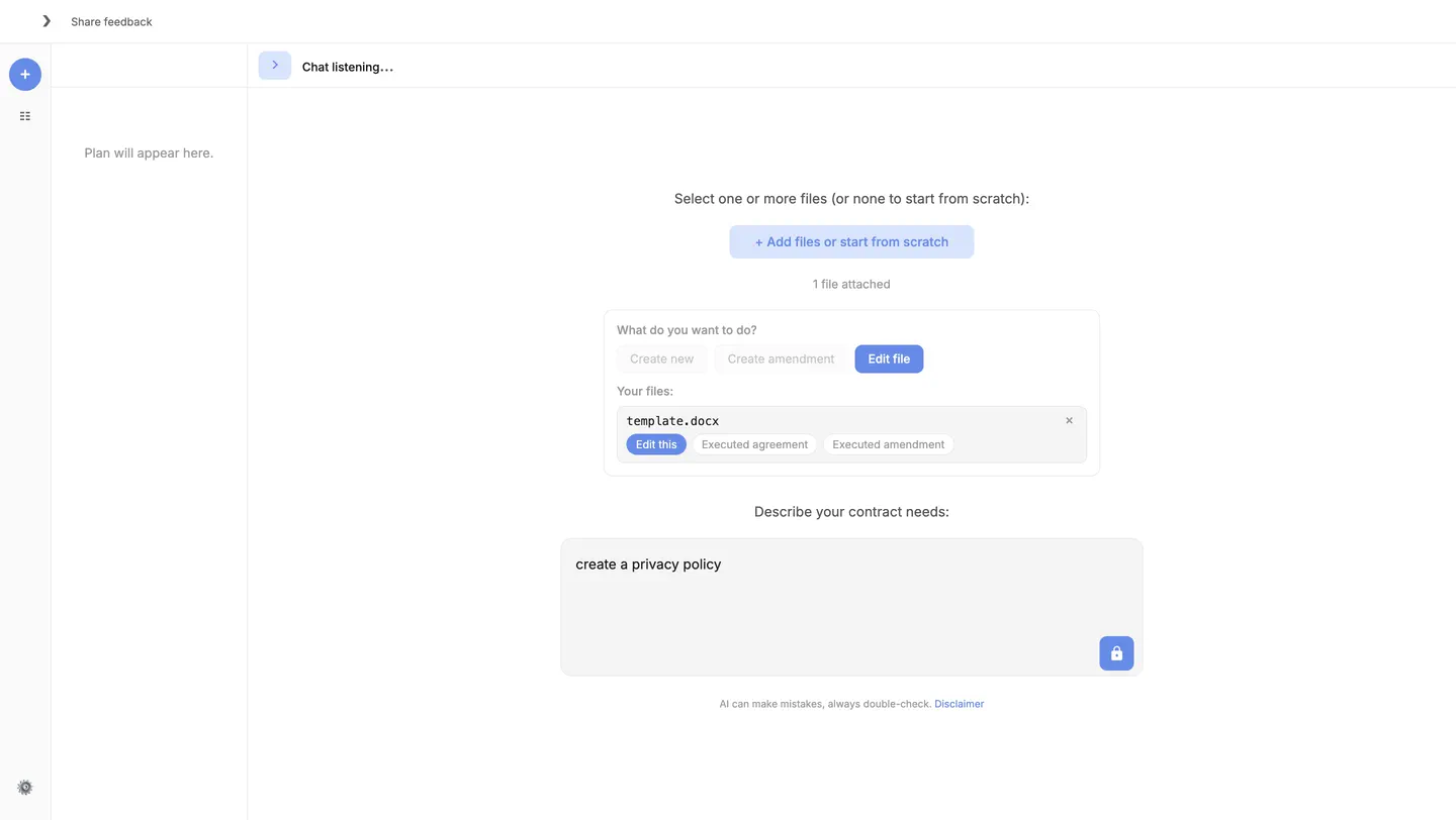 February AI action menu with options to start from scratch, edit a template, edit a draft, or create an amendment